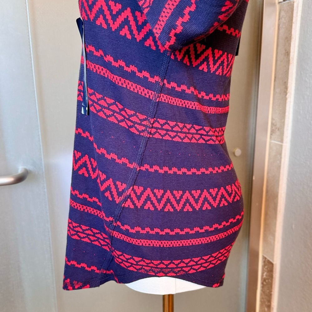 LUCKY BRAND Woven Navy & Red Fair Isle Knit Top Lightweight Thermal Tee - Picture 13 of 15